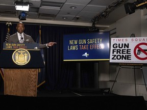 New York City Mayor Eric Adams speaks during a news conference about upcoming "Gun Free Zone" implementation at Times Square, Wednesday, Aug. 31, 2022, in New York.