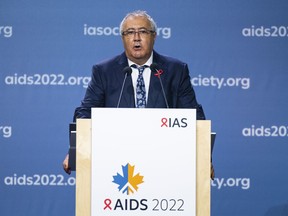 Co-chair Jean-Pierre Routy addresses the opening ceremony of the AIDS 2022 conference in Montreal on Friday, July 29, 2022. The local organizer of the conference says the event helped highlight the enormous progress that has been made in HIV research and treatment technology.THE CANADIAN PRESS/Paul Chiasson