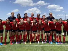 Canada's girls' U-15 team poses for a team photo in Tampa, Fla. in a Friday, July 29, 2022 handout photo. Front row (left to right) are Shaden Al-Alsad, Liana Tarasco, Bianca Hanisch, Juliette Perrault, Nikolina Istocki, Sandrine Brault, Marée-Anne Van Doesburg, Keelyn Stewart, Sadie Brisbin, Taegan Stewart and Isabelle Chukwu. Back row (left to right) are: Sierra Gallant, Annabelle Chukwu, Yasmine Décombe, Keira Martin, Mya Angus, Emily Wong and Noelle Henning.&ampnbsp;Nikolina Istocki scored twice as Canada opened play at the CONCACAF Girls' Under-15 Championship with a 5-0 win over Jamaica on Monday.THE&ampnbsp;CANADIAN PRESS/HO-Canada Soccer **MANDATORY CREDIT**