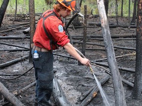 A crew member works at the Watching Creek fire in British Columbia in an Aug.5, 2022 handout photo. Cooler conditions and calmer winds have also helped crews make progress on several other wildfires around B.C. THE CANADIAN PRESS/HO-BC Wildfire Service **MANDATORY CREDIT**