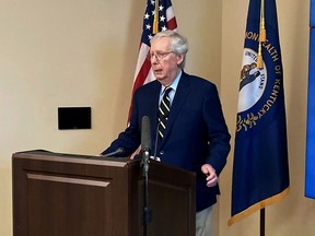 Senate Republican leader Mitch McConnell speaks about the federal response to catastrophic flooding in eastern Kentucky on Monday, Aug. 29, 2022, in Frankfort, Ky. McConnell said he's far from satisfied with the response, but acknowledged communication problems have complicated outreach to flood victims.