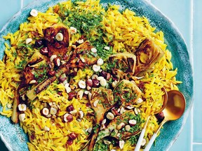 Saffron orzo with charred deli artichokes from In Praise of Veg