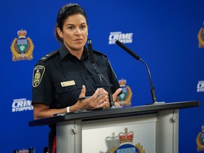 Const. Dani McKinnon, Winnipeg Police Service's public information officer, speaks to the media on Sept. 2, 2021, at Public Information Office in Winnipeg. A 15-year-old boy has been arrested and a Canada-wide warrant issued for another teen in the death of an Indigenous woman that police say was connected to a spree of assaults in Winnipeg earlier this week.