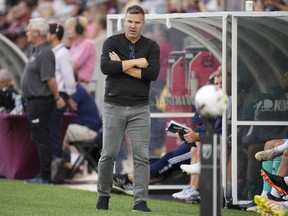 LA Galaxy coach Greg Vanney, who led Toronto FC from 2014-2020, watches during the first half of the team's MLS soccer match against the Colorado Rapids on July 16, 2022, in Commerce City, Colo. TFC enters a highly important home game against the LA Galaxy on Wednesday.