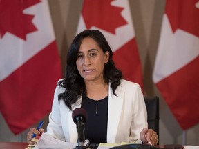 Minister of National Defence Anita Anand speaks during a press conference in Toronto, on Thursday, August 4, 2022.&ampnbsp;Anand says Canada helped on Tuesday to rescue two miners trapped underground in the Dominican Republic.&ampnbsp;CANADIAN PRESS/ Tijana Martin
