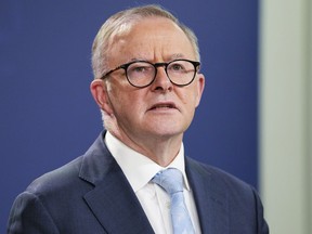 FILE - Australian Prime Minister Anthony Albanese speaks during a news conference in Sydney, Australia, on June 10, 2022. Albanese on Tuesday, Aug. 16, accused his predecessor Scott Morrison of "trashing democracy" after revealing that while Morrison was in power, he took on five ministerial roles without the knowledge of most other lawmakers or the public.