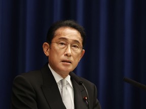 FILE - Japanese Prime Minister Fumio Kishida speaks during a press conference at the prime minister's official residence in Tokyo on Aug. 10, 2022. Kishida said Wednesday, Aug. 24, 2022 he has instructed his government to consider developing safer, smaller nuclear reactors, signaling a renewed emphasis on nuclear energy years after many of the country's plants were shut down.
