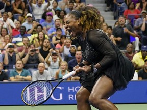 Serena Williams, of the United States, reacts during the first round of the US Open tennis championships against Danka Kovinic, of Montenegro, Monday, Aug. 29, 2022, in New York.