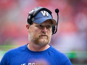 Winnipeg Blue Bombers head coach Mike O'Shea watches from the sideline during the second half of CFL football game against the B.C. Lions in Vancouver, on Saturday, July 9, 2022. The city of North Bay is dedicating football field in O'Shea's honour.