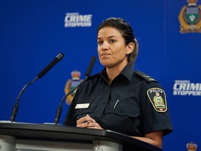 Const. Dani McKinnon, public information officer with Winnipeg police, speaks to the media on Thursday Sept. 2, 2021 at the Public Information Office in Winnipeg. Police say a man who was assaulted during a spree of random violence in Winnipeg earlier in the week has died.