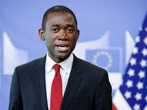 FILE - U.S. Deputy Secretary of the Treasury Wally Adeyemo speaks during a press conference at EU headquarters in Brussels, March 29, 2022. Adeyemo will travel to Mumbai and New Delhi for meetings with Prime Minister Narendra Modi's office, the finance ministry, the Reserve Bank of India, and the Ministry of Petroleum and Natural Gas, among others.