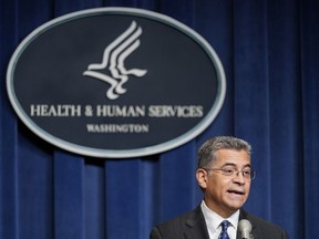 FILE - Health and Human Services Secretary Xavier Becerra speaks during a news conference June 28, 2022, in Washington. The number of people living in America without health insurance coverage hit an all-time low of 8 percent this year, the U.S. Department of Health and Human Services announced Tuesday, Aug. 2, 2022.