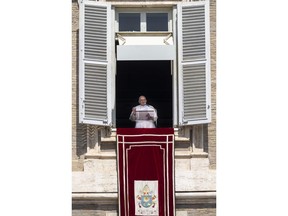 Pope Francis addresses the faithful gathered in St. Peter's Square at The Vatican, Sunday, Aug. 21, 2022, during his traditional Sunday's noon appearance.