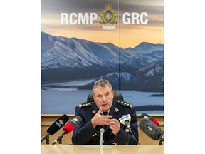 Chief Supt. Scott Sheppard, commanding officer of the Yukon RCMP, addresses the media in Whitehorse on Wednesday, Oct. 27, 2021. RCMP in the Yukon have apologized to the family of an Indigenous woman for failing to properly investigate her death more than 50 years ago.