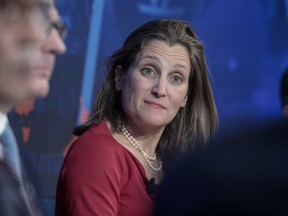 Chrystia Freeland reacts during a panel session on Day 3 of the 2018 World Economic Forum in Davos, Switzerland.