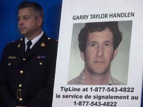 A photo of Garry Taylor Handlen, convicted in the 1978 murder of Monica Jack near Merritt, B.C., is displayed during a news conference in Surrey, B.C., Monday, Dec. 1, 2014. A unanimous ruling by the B.C. court of appeal rejects Garry Handlen's argument that his confession of abducting, sexually assaulting and strangling 12-year-old Jack was based on media reports and should not have been admitted at trial.