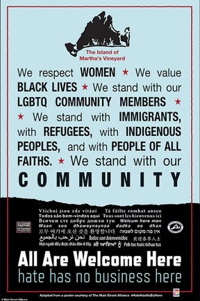 For several years, many businesses and homes in Martha’s Vineyard have displayed the above sign with various inclusive messages, including welcoming immigrants.
