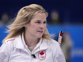 Canada's Jennifer Jones, competes, during the women's curling match against Denmark, at the 2022 Winter Olympics, Thursday, Feb. 17, 2022, in Beijing. Jones defeated Andrea Kelly 9-5 in first-round play Wednesday at the PointsBet Invitational.