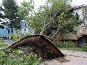 Ein umgestürzter Baum liegt auf einem Haus nach dem Vorbeiziehen des Hurrikans Fiona, der später zu einem posttropischen Sturm herabgestuft wurde, in Halifax, Nova Scotia, Kanada, am 24. September 2022.