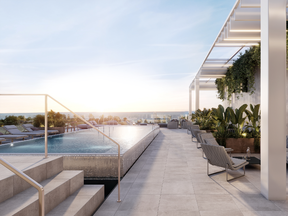 A rooftop swim spa is located on a shared amenity deck with views of Lake Ontario.