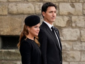 Prime Minister Justin Trudeau and Sophie Gregoire Trudeau leave Westminster Abbey after the funeral service of Queen Elizabeth II in London, England, on September 19, 2022.