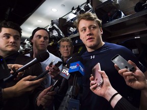 Toronto Maple Leafs defenceman Morgan Rielly speaks to the media during the year end locker room clean out and press conference in Toronto on Tuesday, April 25, 2017.