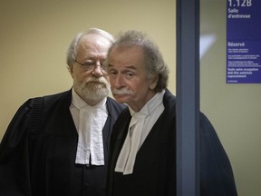 Guy Poupart, right, and Pierre Poupart, lawyers representing Adele Sorella, leave a consulting room at the courthouse in Laval, Que., Tuesday, Jan. 29, 2019.