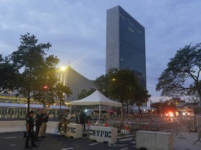 Barricades block pedestrian and automobile traffic near United Nations headquarters in New York, Monday, Sept. 19, 2022. Prime Minister Justin Trudeau is in the city for the start of leader-level talks at the UN General Assembly.