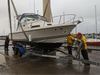 Jamie Storey of Shediac was one of many boat owners who took their vessels out of the water at the Shediac Bay Yacht Club Thursday as a precautionary measure against Hurricane Fiona which is moving towards the Maritimes.