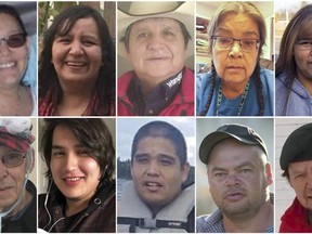 This combination of photos provided by Royal Canadian Mounted Police shows stabbing victims, from top left, Bonnie Burns, Carol Burns, Christian Head, Lydia Gloria Burns, and Lana Head. From bottom left, Wesley Petterson, Thomas Burns, Gregory Burns, Robert Sanderson, and Earl Burns. Myles Sanderson, 32, and his brother Damien, are accused of killing 10 people and wounding 18 others in the attacks that spread across the rural reserve and into the nearby town of Weldon, Saskatchewan. THE CANADIAN PRESS/Royal Canadian Mounted Police via AP