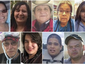 This combination of photos provided by Royal Canadian Mounted Police shows stabbing victims, from top left, Bonnie Burns, Carol Burns, Christian Head, Lydia Gloria Burns, and Lana Head. From bottom left, Wesley Petterson, Thomas Burns, Gregory Burns, and Robert Sanderson. THE CANADIAN PRESS/HO-Royal Canadian Mounted Police via AP