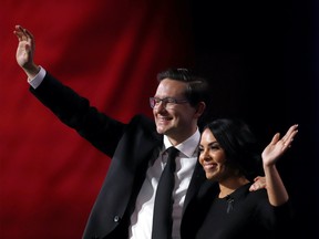 Pierre Poilievre and his wife Anaida celebrate after he is elected as the new leader of Canada's Conservative Party in Ottawa, Ontario, Canada, September 10, 2022.