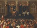 Ein Teil eines anonymen niederländischen Gemäldes, das die Hinrichtung Karls I., 1649, darstellt. Während Darstellungen der Hinrichtung in England unterdrückt wurden, wurden europäische Darstellungen wie diese produziert, die den Schock der Menge mit ohnmächtigen Frauen und blutigen Straßen betonten.
