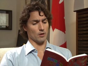In this screenshot, a Justin Trudeau altered by artificial intelligence appears to read The Prime Minister Who Stole Freedom, a parody children's book that Trudeau absolutely did not read to the internet in real life.