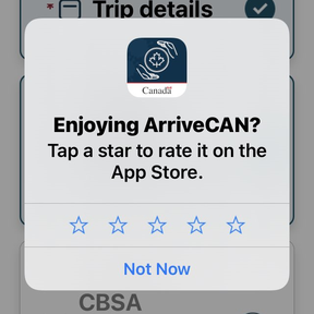Diese Eingabeaufforderung, die angezeigt wird, während Benutzer ihre ArriveCAN-Details eingeben, erfordert nur einen einzigen Klick auf einen der Sterne, um eine „Bewertung“ zu registrieren.