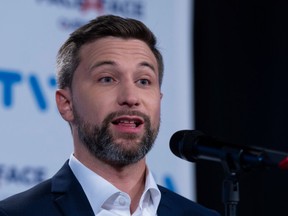 Quebec Solidaire co-spokesperson Gabriel Nadeau-Dubois responds to questions following the leaders debate in Montreal, on Thursday, September 15, 2022.