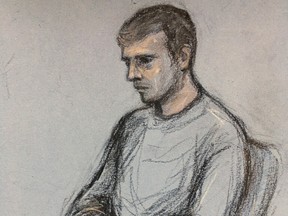 Court artist sketch by Elizabeth Cook of Jack Sepple, of Tennyson Road, Chelmsford, appearing in the dock at Colchester Magistrates' Court accused of the murder of a 19-year-old Canadian woman who was found dead in Chelmsford. A statement from Essex Police says 19-year-old Ashley Wadsworth died Tuesday, shortly after officers were called to a disturbance at a home in Chelmsford, northeast of London.