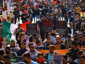 General view during a demonstration to commemorate the 8th anniversary of the disappearance of the Ayotzinapa students On September 26, 2022 in Mexico City, Mexico. On September 26 of 2014, 43 students of Isidro Burgos Rural School of Ayotzinapa disappeared in Iguala city after clashing with police forces. The students were accused of attempting the kidnap of buses to be used for protests.