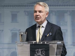 Foreign Minister of Finland Pekka Haavisto speaks during the Finnish Government's press conference in Helsinki, Finland on September 29, 2022. - Finland will bar Russians with Schengen tourist visas from entering the country from Friday, the government said on September 29, 2022 following a surge in arrivals after Moscow's mobilisation order for the war in Ukraine.