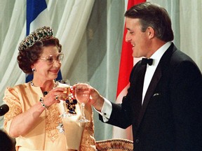 Queen Elizabeth with then-prime minister Brian Mulroney in Quebec City in 1987.