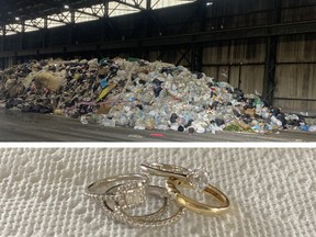 Five precious rings (below) belonging to Alexandra Stokal were accidentally tossed in the trash, but they were found in a massive garbage heap in Cape Breton, N.S., similar to the one pictured above.