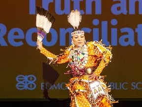 Elissa Gadwa from Kehewin Cree Nation performs at a public schools event honouring the National Day forTruth and Reconciliation, in Edmonton on September 29, 2022.