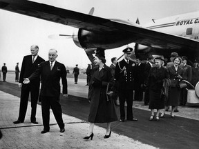President Harry Truman welcomes Princess Elizabeth and the Duke of Edinburgh to Washington.