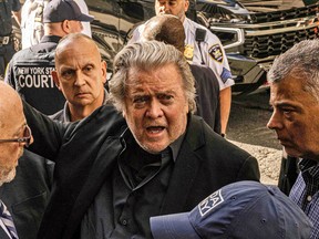 Donald Trump's former advisor Steve Bannon arrives for court in New York on September 8, 2022, to be charged with fraud in a case of alleged misappropriation of funds for the construction of a wall between the U.S. and Mexico.