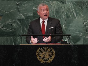 Jordan's King Abdullah II addresses the 77th session of the United Nations General Assembly at UN Headquarters in New York, on Sept. 20.