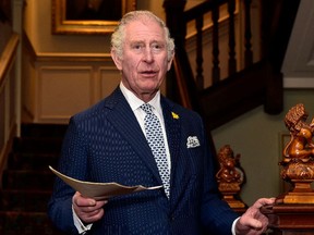 Britain's then-prince Charles, Prince of Wales delivers a speech at the Clarence House, in London.