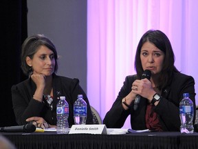 UCP leadership candidates Leela Aheer, left, and Danielle Smith at an all-candidates forum in Fort McMurray on Sept. 14.