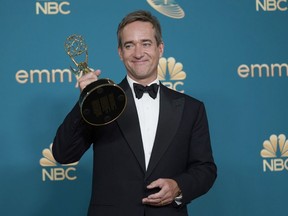 Matthew Macfadyen poses in the press room with the award for outstanding supporting actor in a drama series for "Succession" at the 74th Primetime Emmy Awards on Monday, Sept. 12, 2022, at the Microsoft Theater in Los Angeles.
