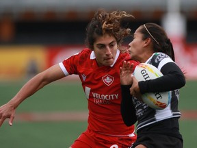 Canada's Bianca Farella of Canada looks to tackle Daniela Alvarado of Mexico during first half rugby action at the HSBC World Rugby Women's Sevens Series at Starlight Stadium in Langford, B.C., on Saturday, April 30, 2022.