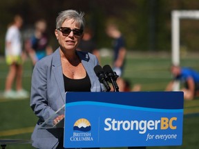 Finance Minister Selina Robinson talks about financial aid due to inflation and the cost-of-living increases and support during a press conference at Goudy Field in Langford, B.C., on Wednesday, September 7, 2022. Robinson says preliminary financial numbers for the first three months of the current fiscal year show the province is in a strong position despite ongoing global economic risks.